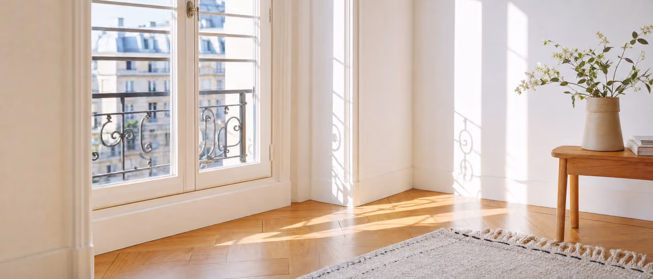 Lumière naturelle entrant par une fenêtre sur du parquet