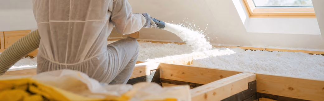 Artisan soufflant de la laine isolante dans des combles